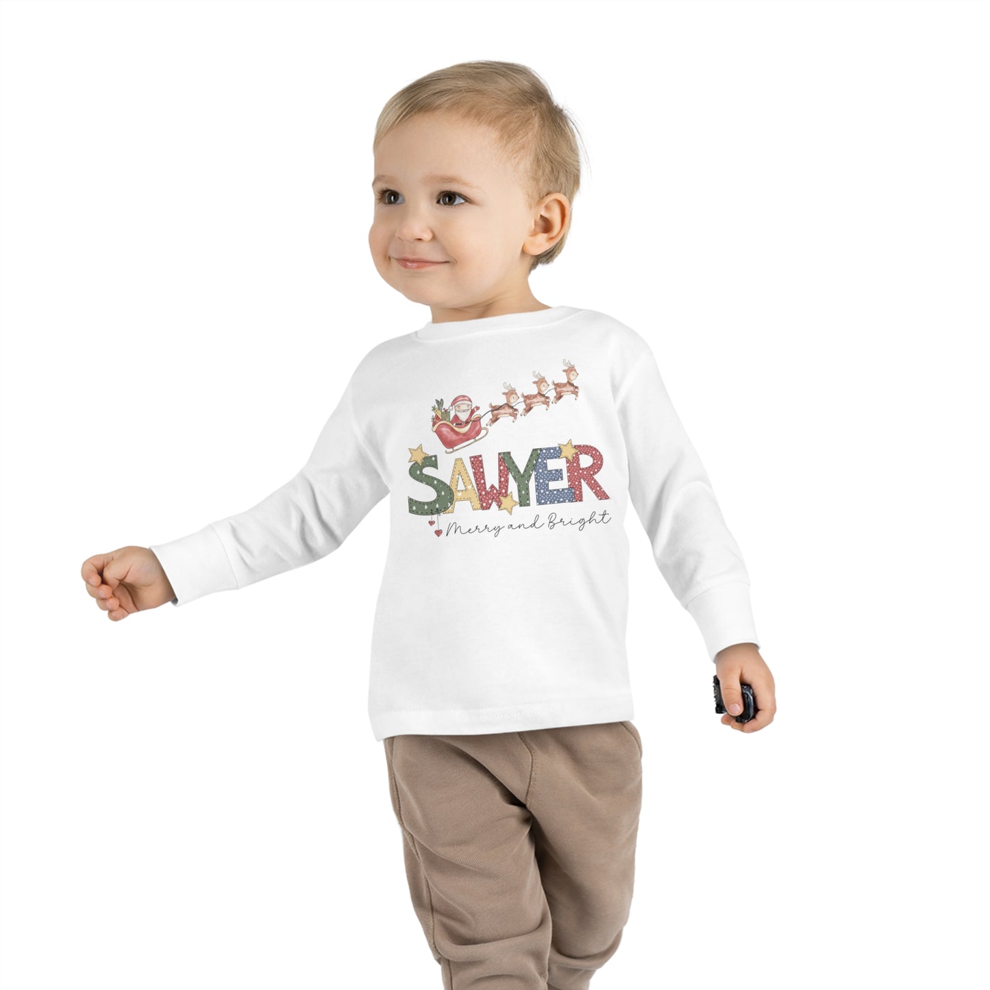 Sawyer Christmas Doodle Name Toddler Long Sleeve Tee Printify