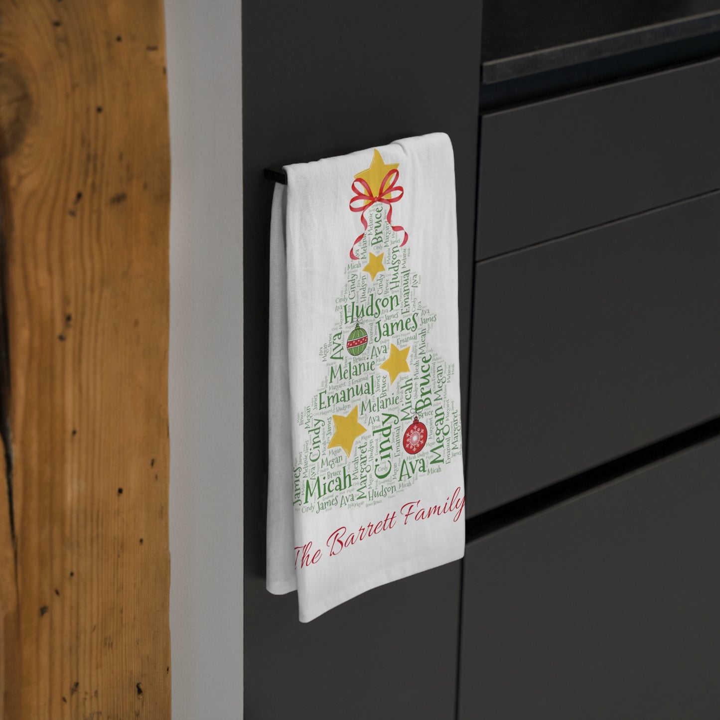 Christmas Tree Kitchen Tea Towel - Add up to 35 names! - Amazing Faith Designs