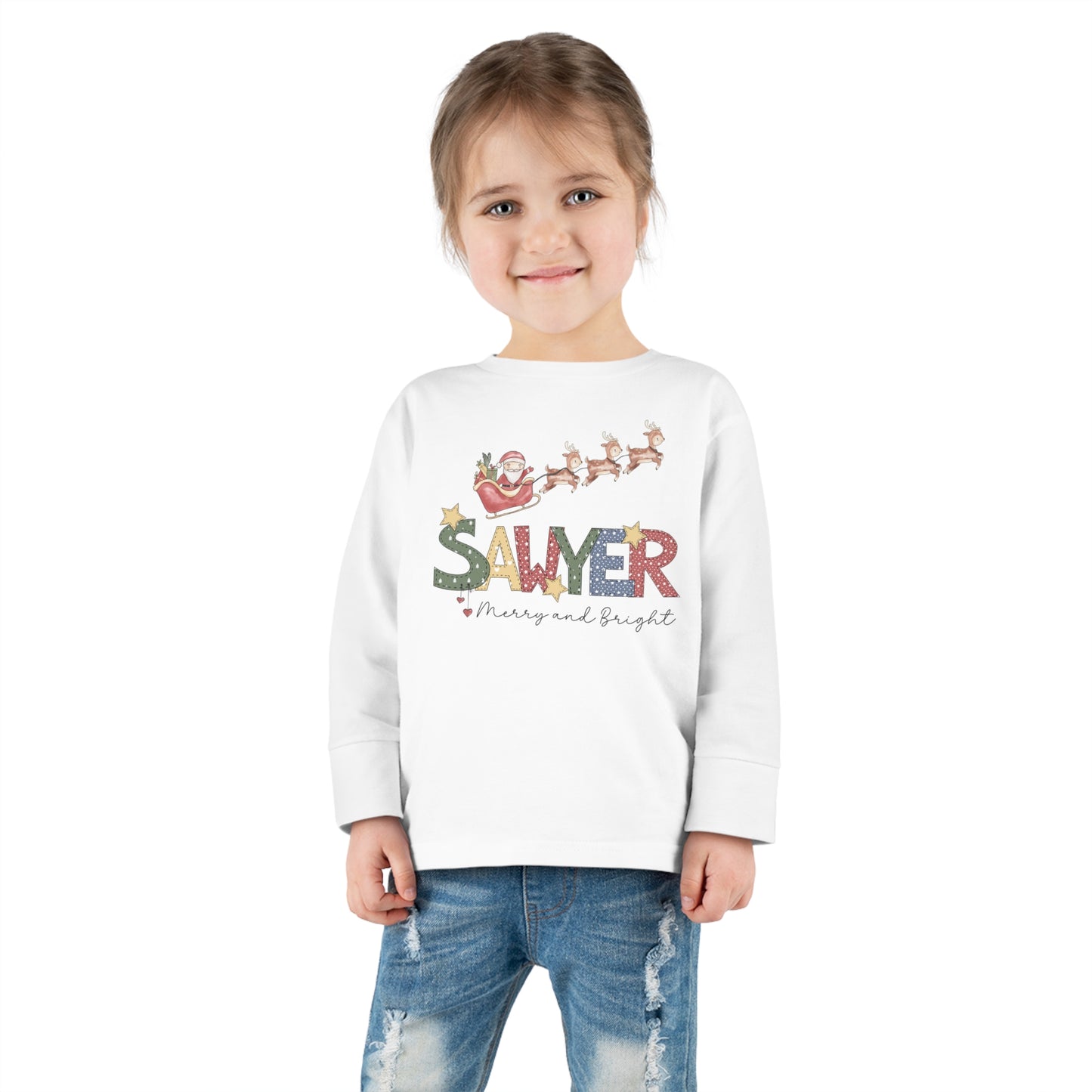 Sawyer Christmas Doodle Name Toddler Long Sleeve Tee - Amazing Faith Designs
