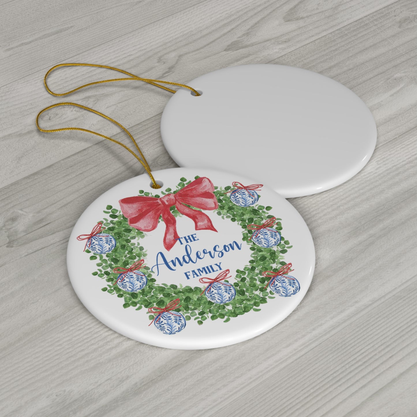 Chinoiserie Wreath Personalized Ceramic Ornament - Amazing Faith Designs