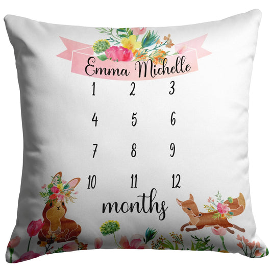 Baby Girl Pink Floral Milestone Pillow Personalized with Rabbit and Fox - Amazing Faith Designs