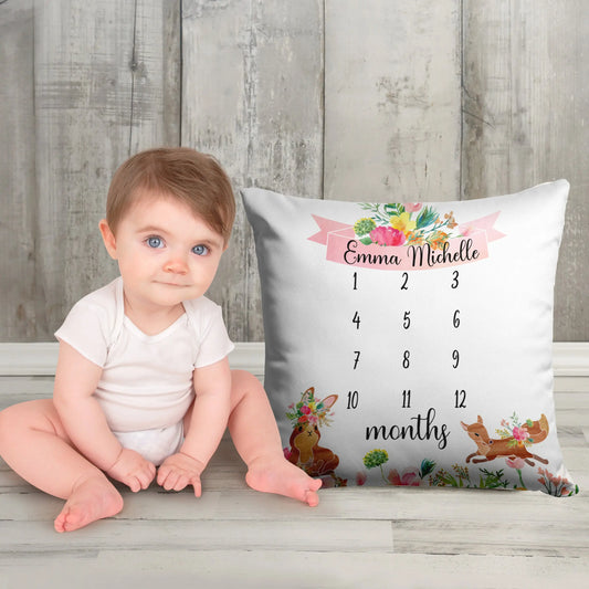 Baby Girl Pink Floral Milestone Pillow Personalized with Rabbit and Fox - Amazing Faith Designs