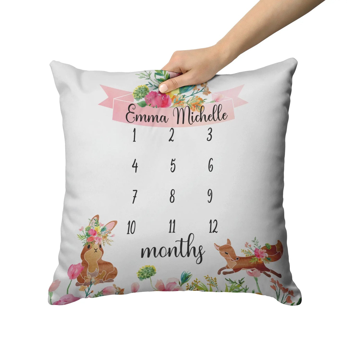 Baby Girl Pink Floral Milestone Pillow Personalized with Rabbit and Fox - Amazing Faith Designs