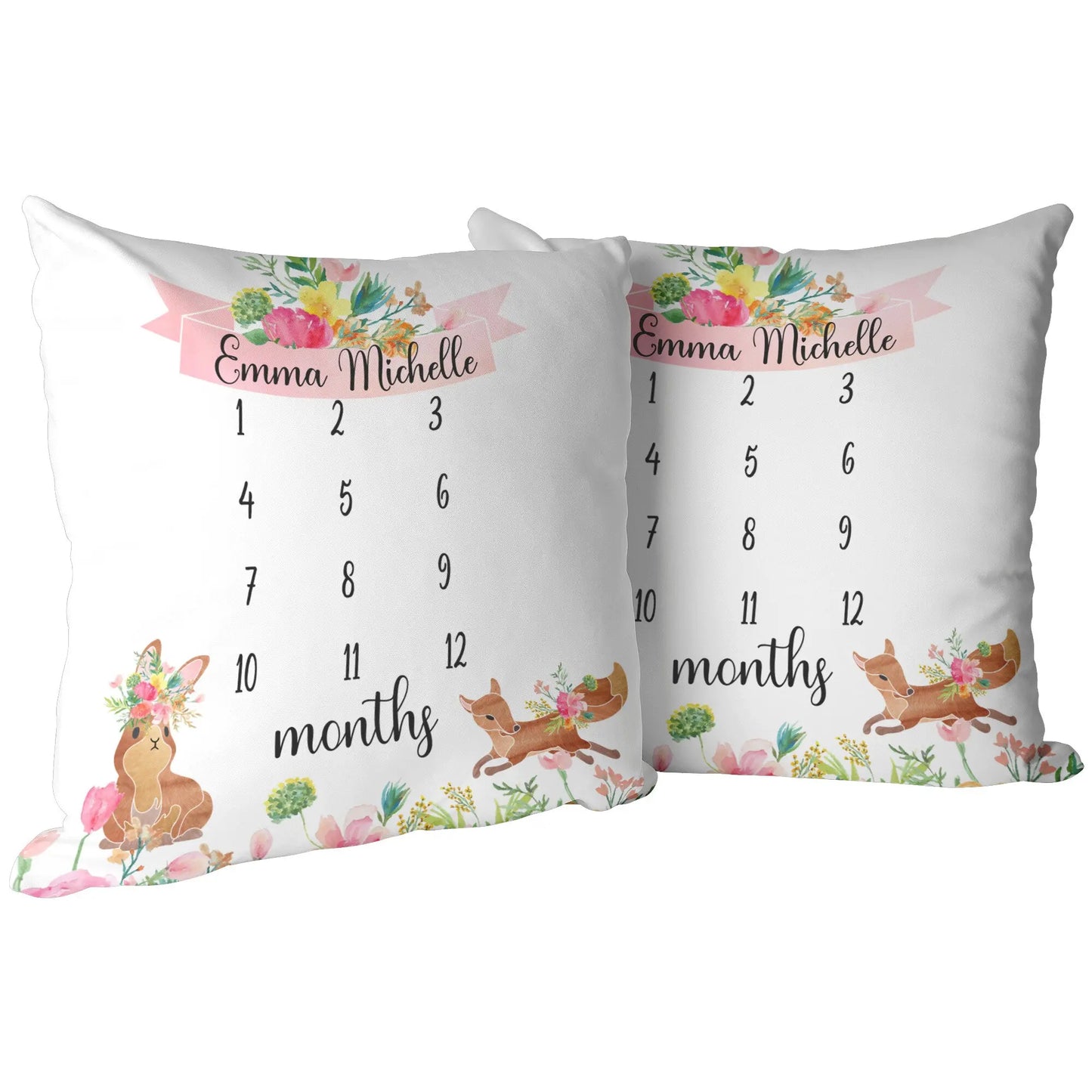 Baby Girl Pink Floral Milestone Pillow Personalized with Rabbit and Fox - Amazing Faith Designs