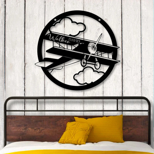 Biplane Bedroom Metal Sign - Personalized, Airplane Boys Wall Art, Airplane Nursery Art teelaunch