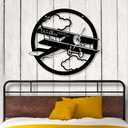 Biplane Bedroom Metal Sign - Personalized, Airplane Boys Wall Art, Airplane Nursery Art teelaunch