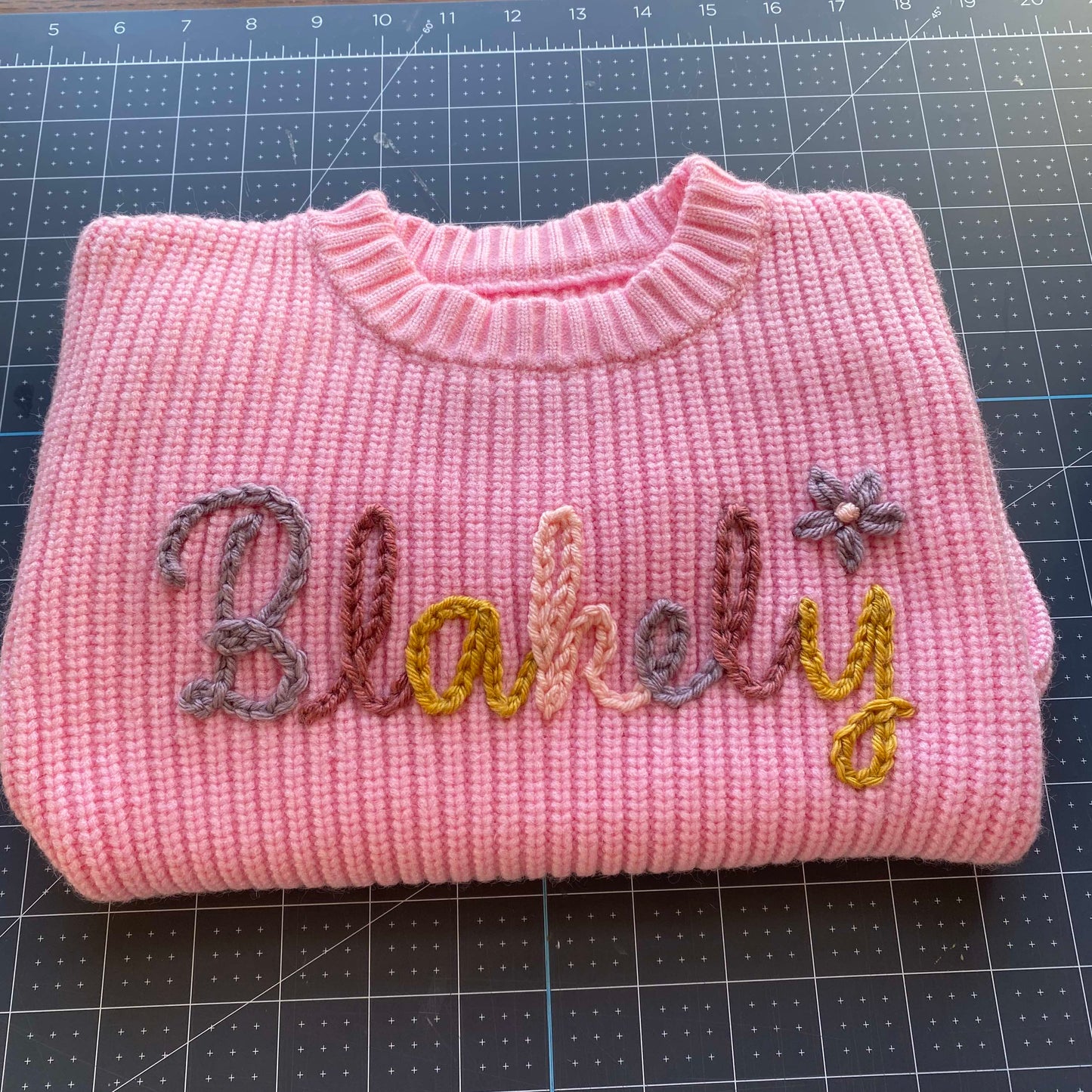 Hand Embroidered Name Sweater - three yarn colors - Amazing Faith Designs