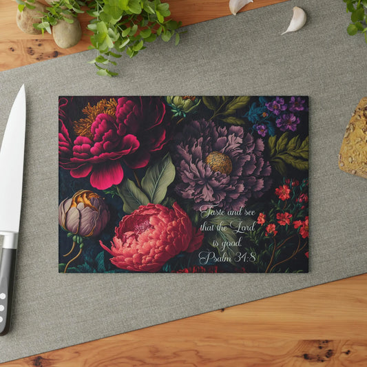 Botanical Flower Glass Cutting Board, Wedding Names or Scripture, Kitchen Decor Printify