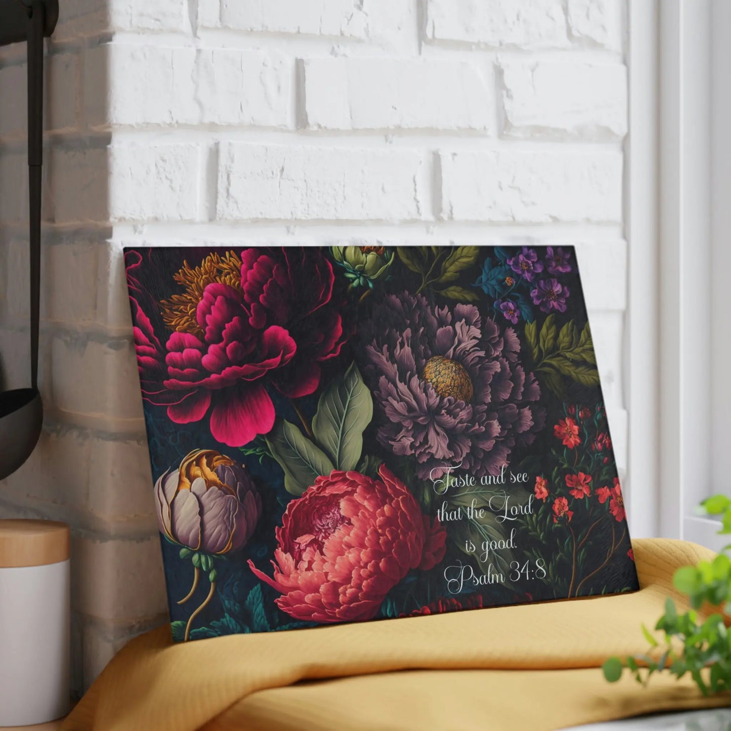 Botanical Flower Glass Cutting Board, Wedding Names or Scripture, Kitchen Decor Printify