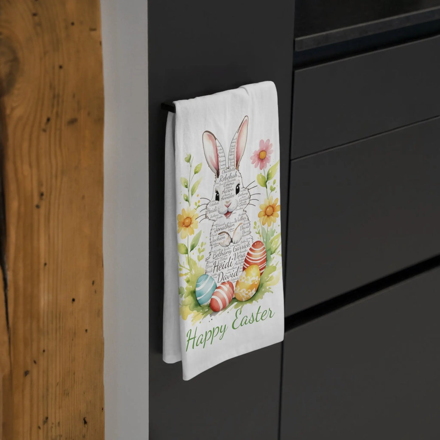 Bunny Repeating Name Easter Tea Towel, Easter Gifts for the Kitchen, Easter Home Decor, Easter Decor, Tea Towel Printify