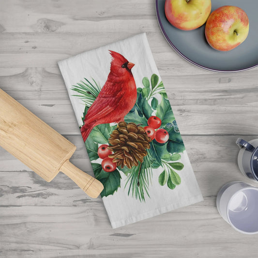 Cardinal Kitchen Tea Towel, Holiday Kitchen Towel, Christmas Dish Towel, Winter Cardinal Towel Printify