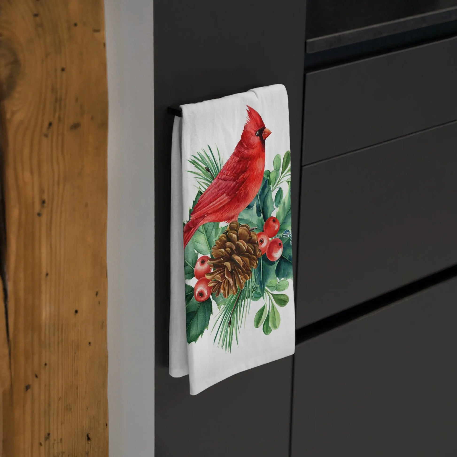 Cardinal Kitchen Tea Towel, Holiday Kitchen Towel, Christmas Dish Towel, Winter Cardinal Towel Printify