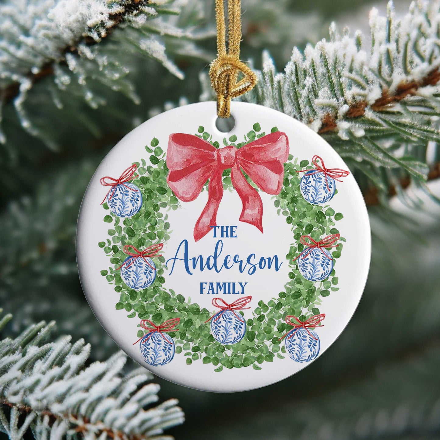 Chinoiserie Wreath Personalized Ceramic Ornament - Amazing Faith Designs