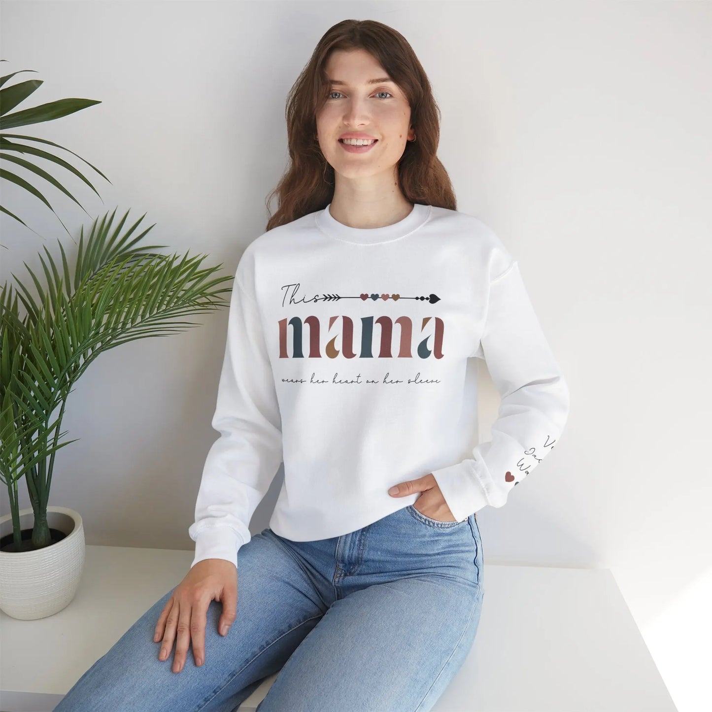 Custom Mama Sweatshirt Sleeve Name Print, Mother's Day Gift, Valentines Printify
