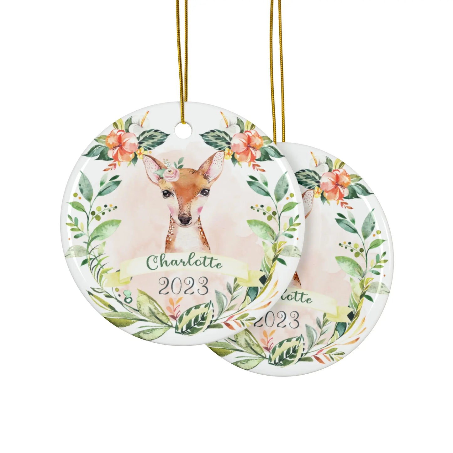 Deer Girls Personalized Ceramic Christmas Ornament Printify