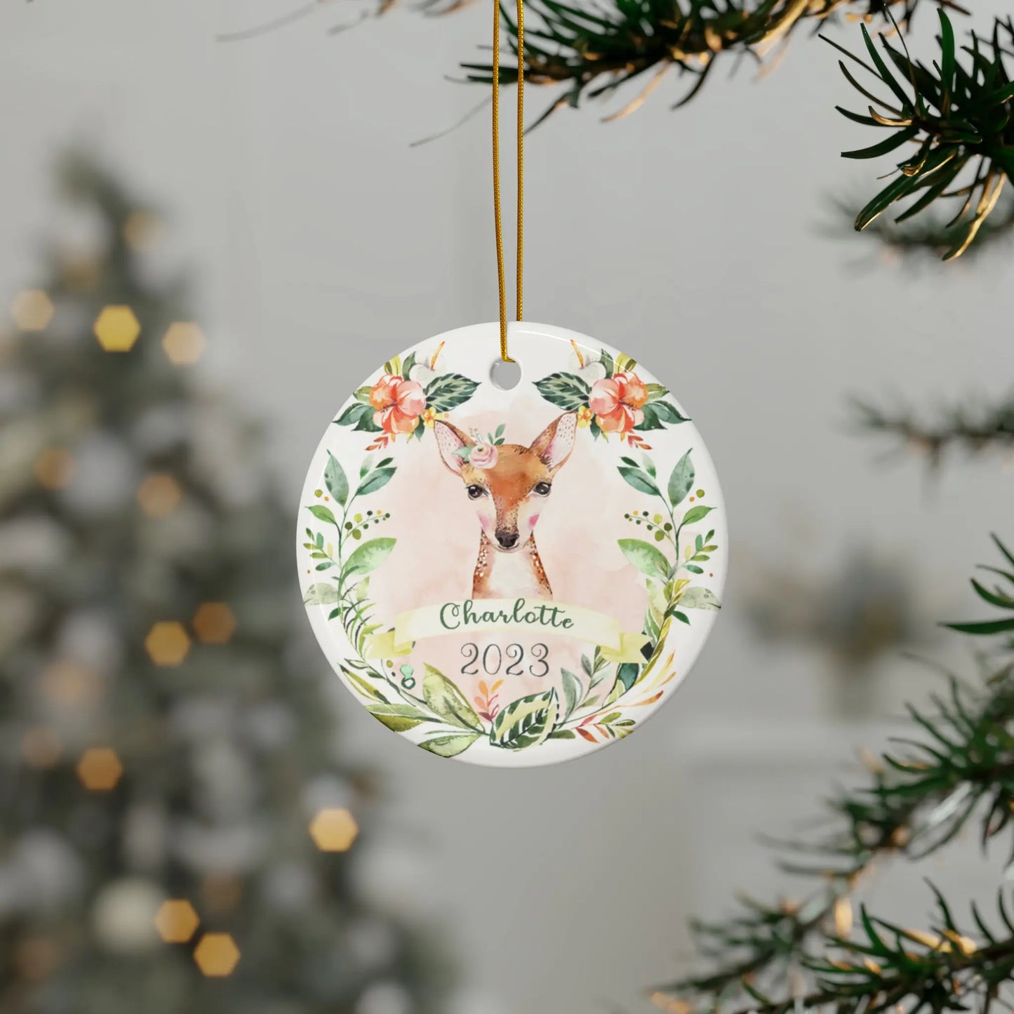 Deer Girls Personalized Ceramic Christmas Ornament Printify