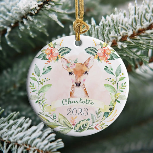 Deer Girls Personalized Ceramic Christmas Ornament Printify
