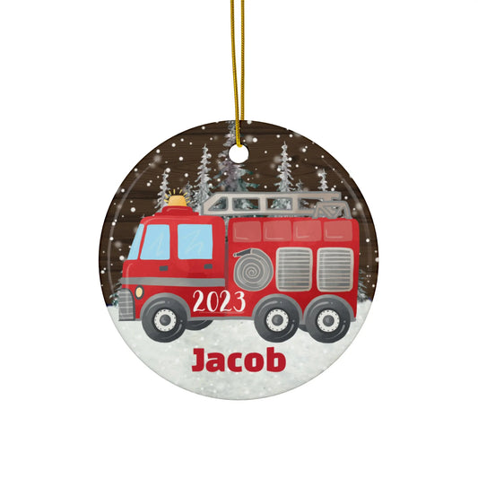 Firetruck Personalized Ceramic Ornament Printify