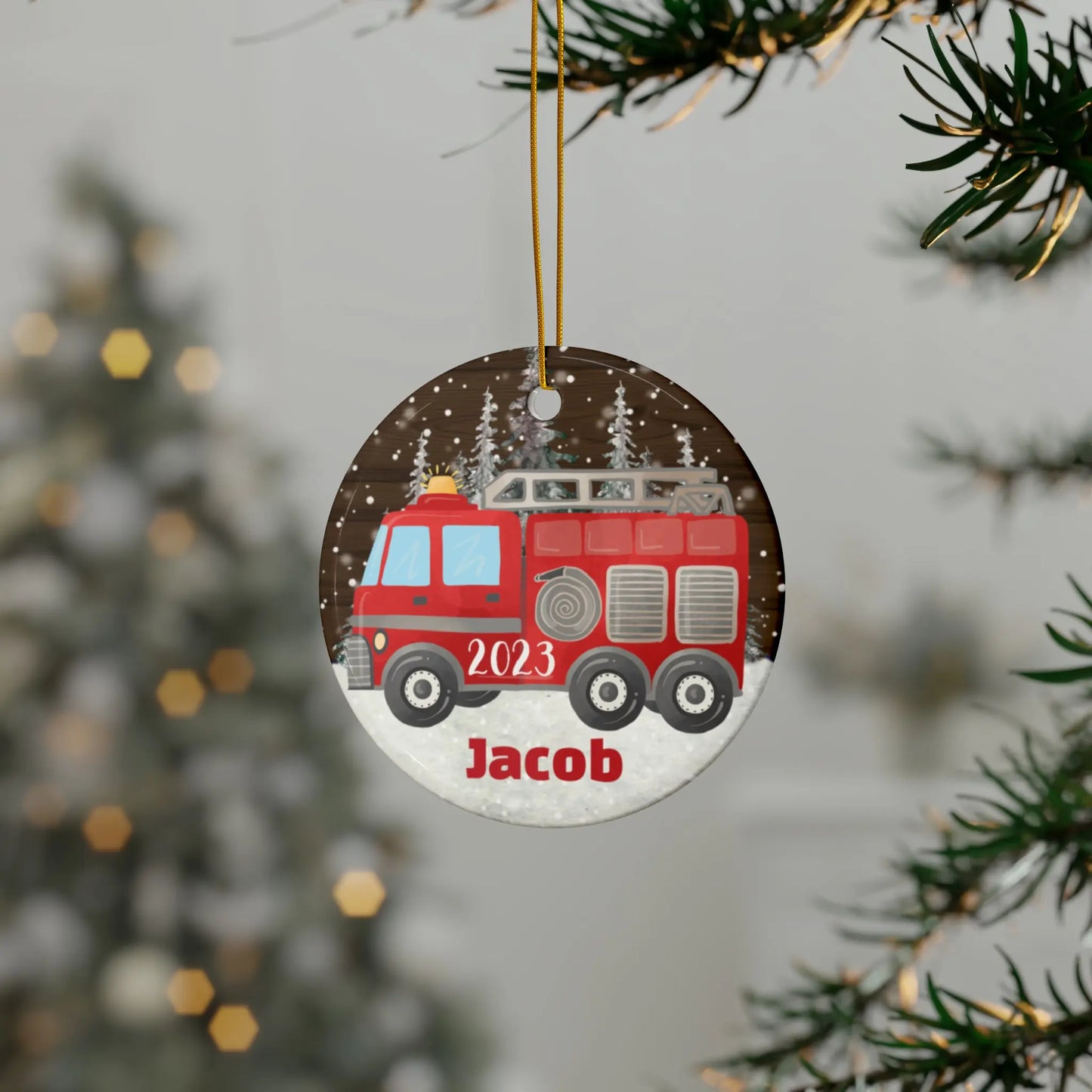 Firetruck Personalized Ceramic Ornament Printify