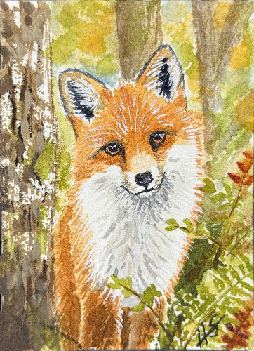 Watercolor painting of a red fox in a forest setting, featuring orange and white fur with green foliage and tree trunks in the background.