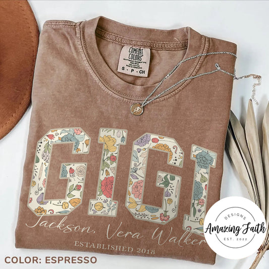 Mama Grandma Wildflowers Personalized with Kids Garment Dyed Shirt - Amazing Faith Designs