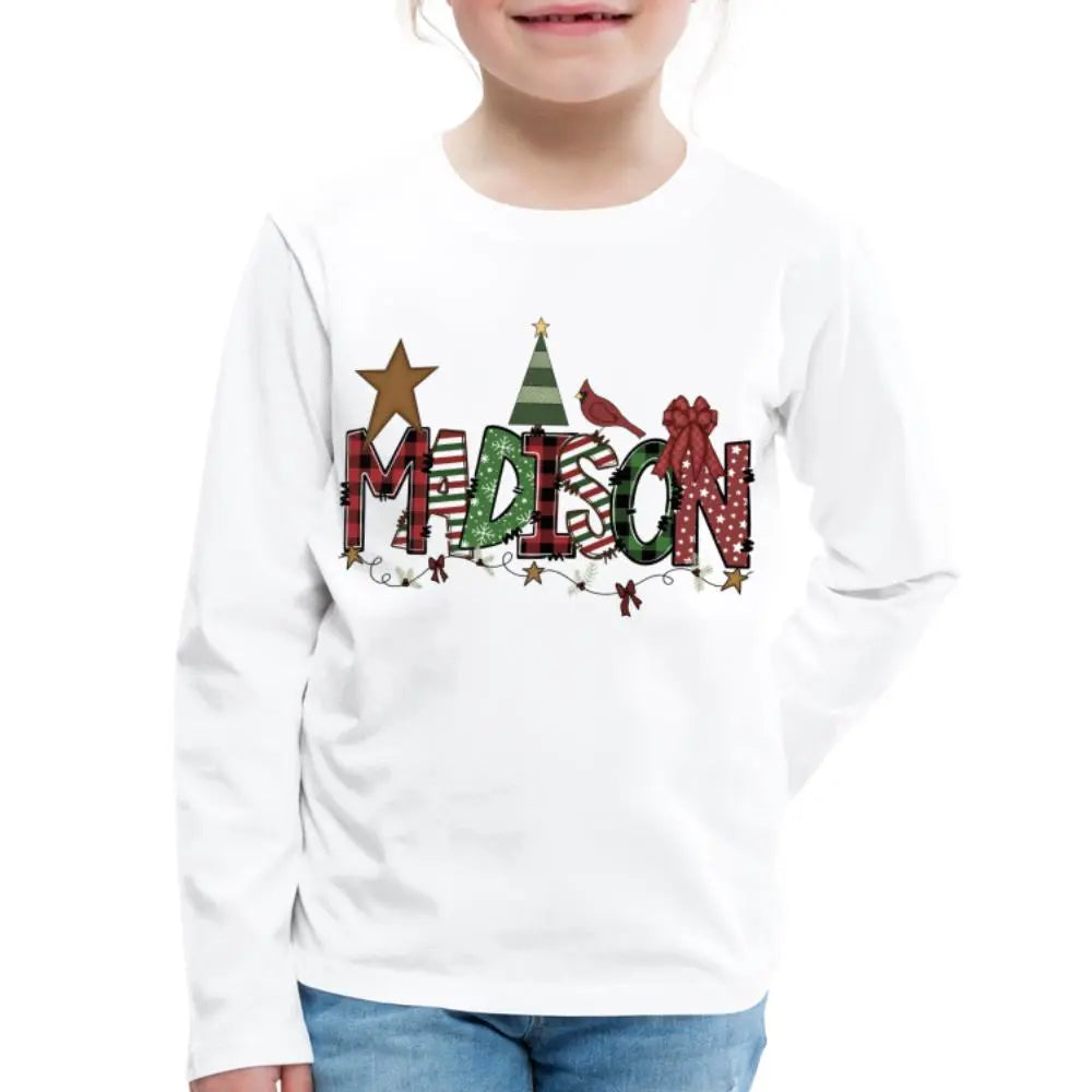 Girls Christmas Personalized Name Long Sleeve T-shirt | Christmas Child's Shirt, Holiday Name Shirt, Custom Name Tshirt SPOD