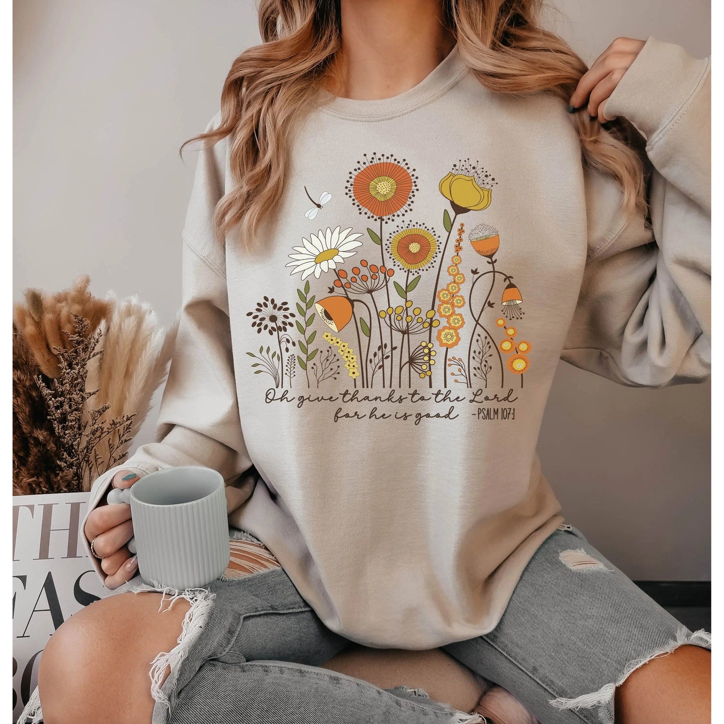 Give Thanks to the Lord Fall Flowers Christian Sweatshirt - Amazing Faith Designs