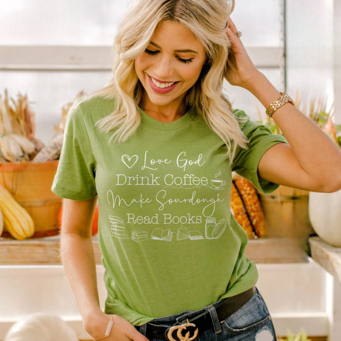 God Coffee Sourdough Books Shirt Printify