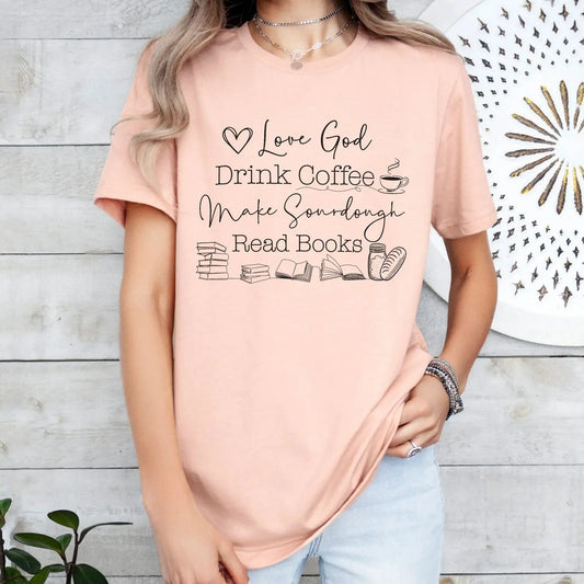 God Coffee Sourdough Books Shirt Printify