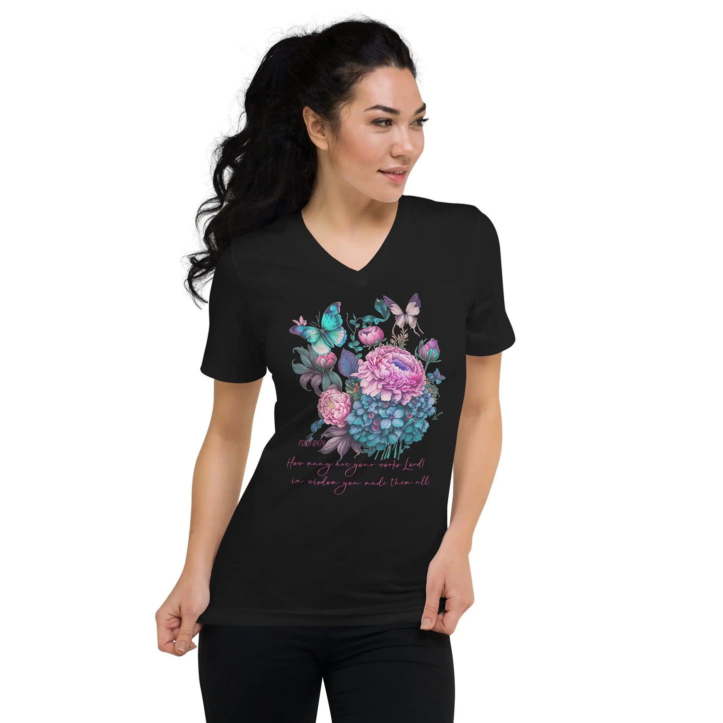 God's Works Floral V-Neck T-Shirt - Psalm 104:24 Amazing Faith Designs