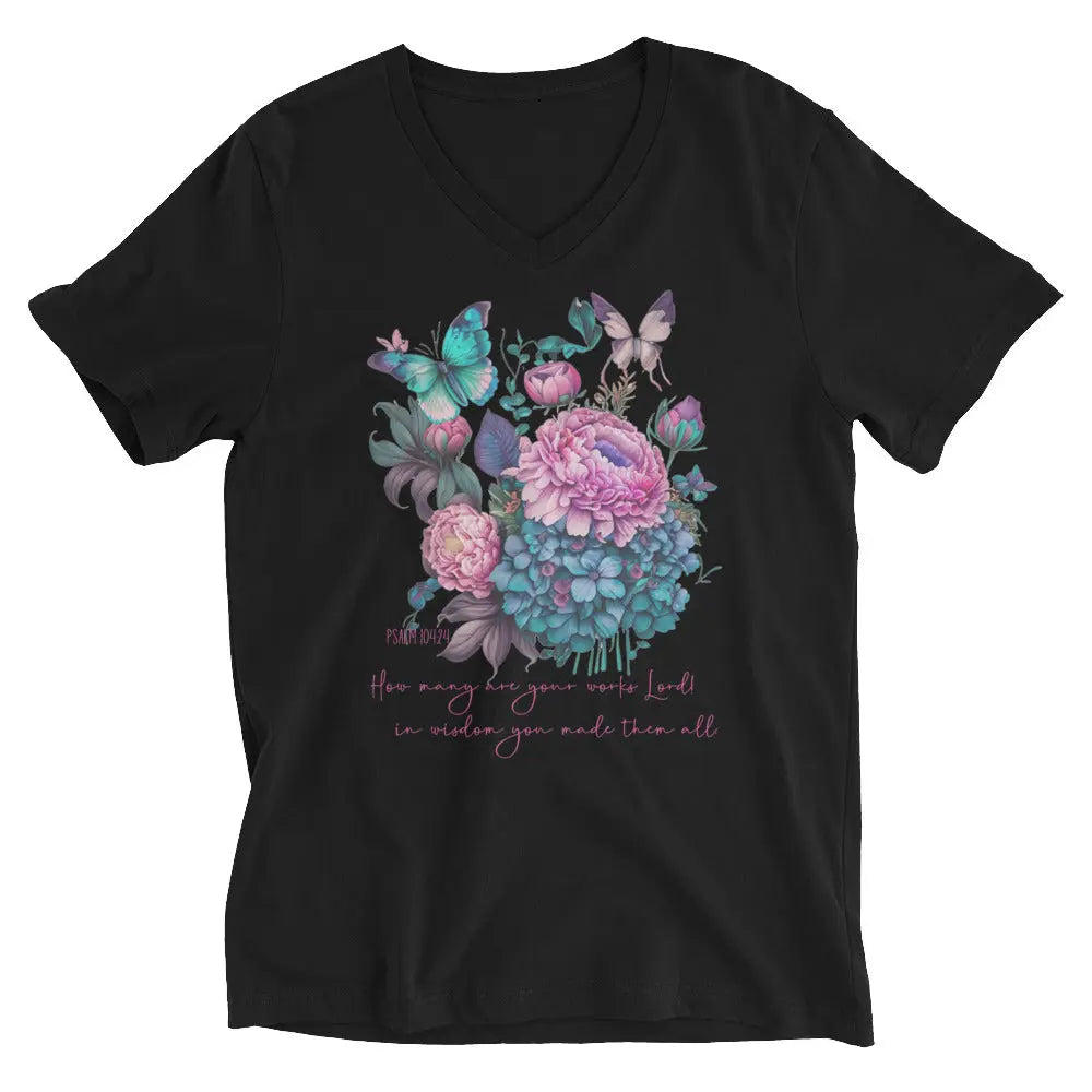God's Works Floral V-Neck T-Shirt - Psalm 104:24 Amazing Faith Designs