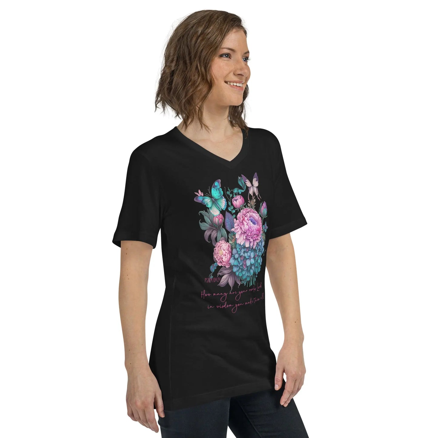 God's Works Floral V-Neck T-Shirt - Psalm 104:24 Amazing Faith Designs