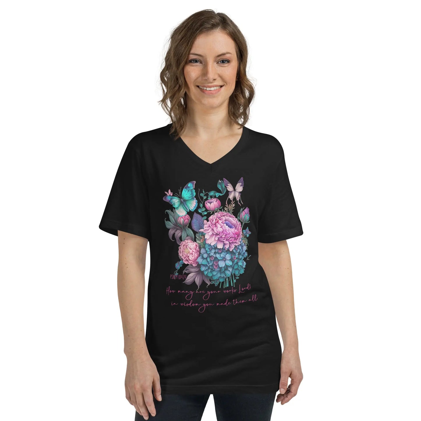 God's Works Floral V-Neck T-Shirt - Psalm 104:24 Amazing Faith Designs