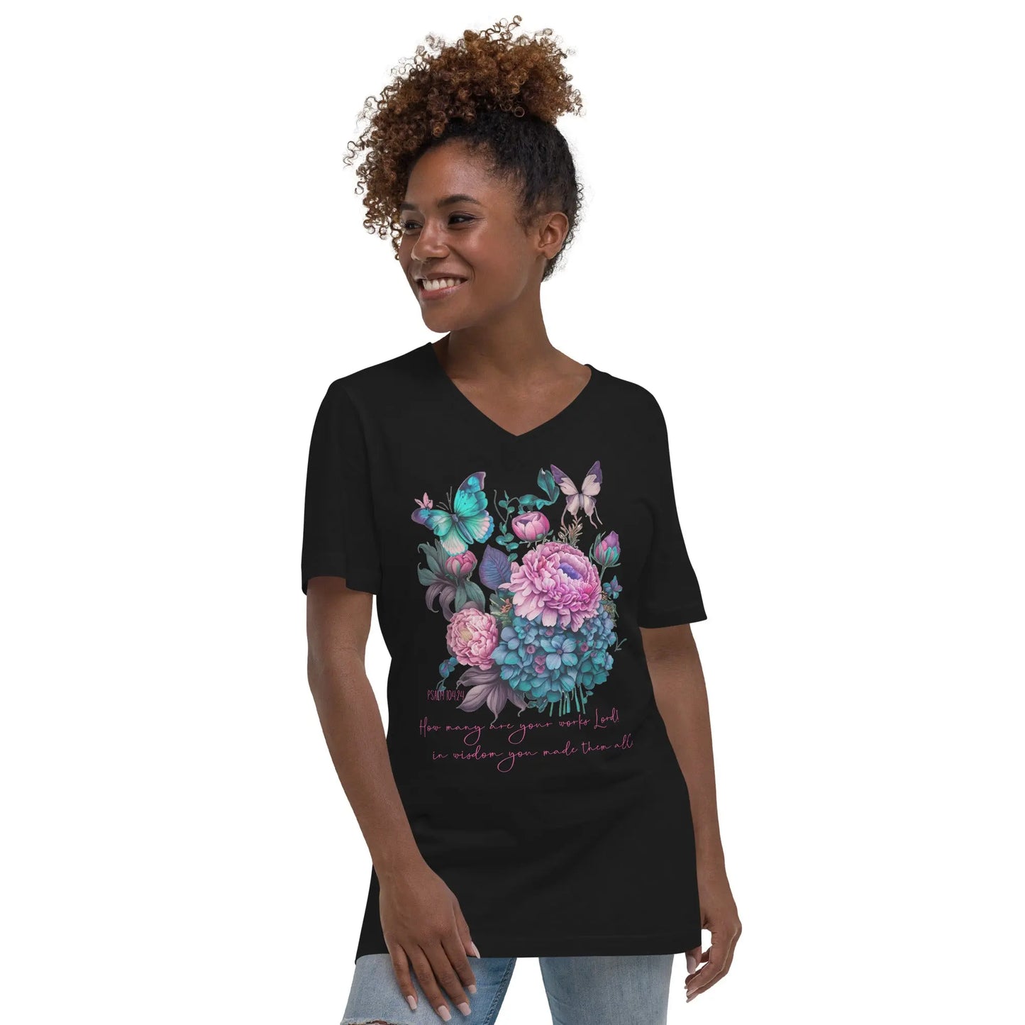 God's Works Floral V-Neck T-Shirt - Psalm 104:24 Amazing Faith Designs