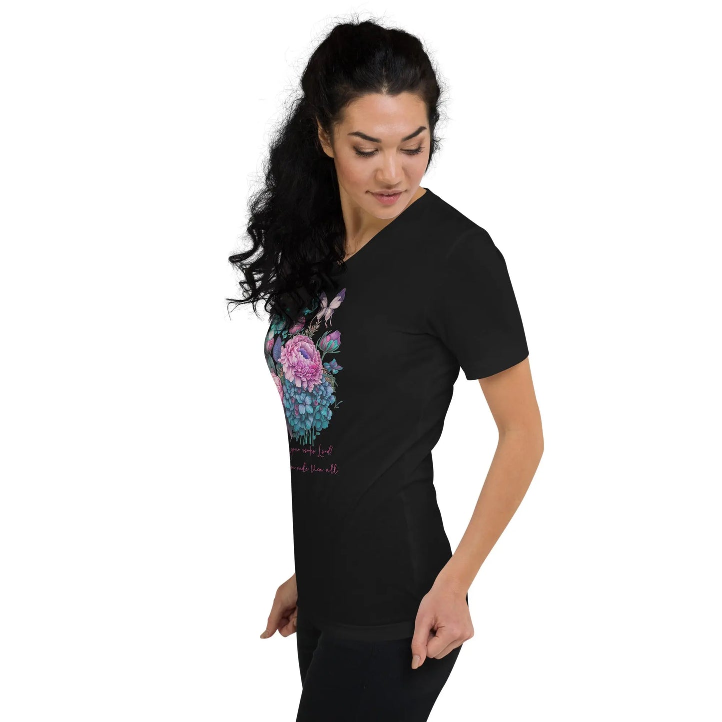 God's Works Floral V-Neck T-Shirt - Psalm 104:24 Amazing Faith Designs