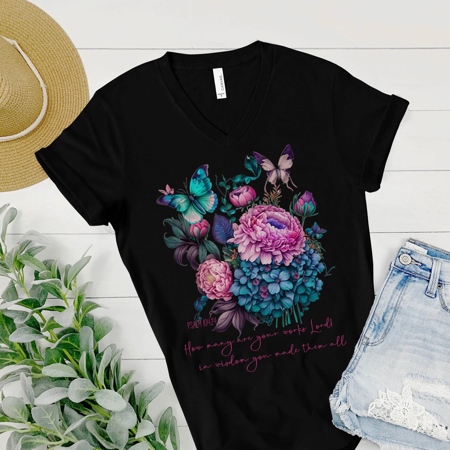 God's Works Floral V-Neck T-Shirt - Psalm 104:24 Amazing Faith Designs