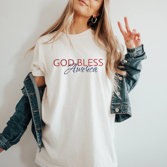 God Bless America Patriotic Embroidered Unisex Garment-Dyed T-Shirt - Amazing Faith Designs
