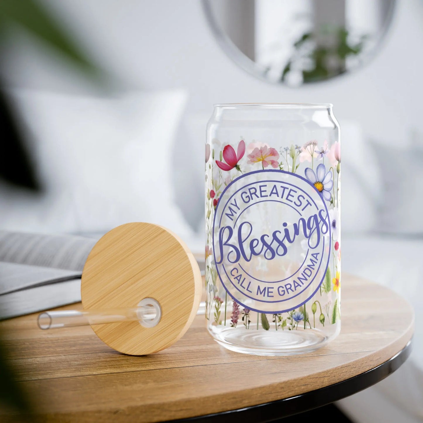 Grandma Wildflowers Sipper Glass, 16oz Printify