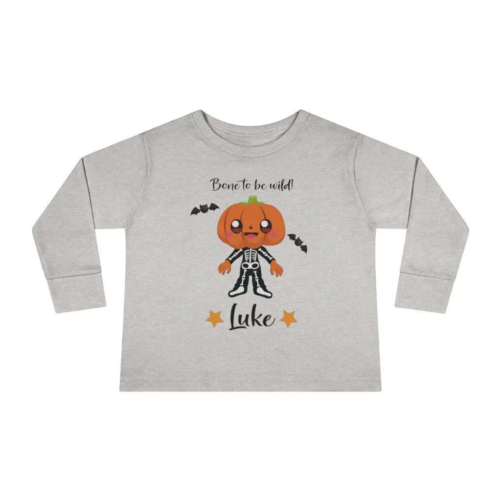Halloween Bone to be Wild Pumpkin Skeleton Toddler Long Sleeve Tee Printify