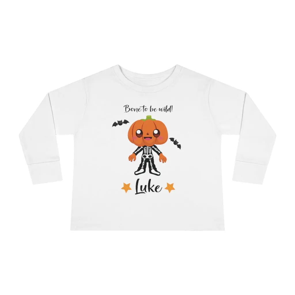 Halloween Bone to be Wild Pumpkin Skeleton Toddler Long Sleeve Tee Printify
