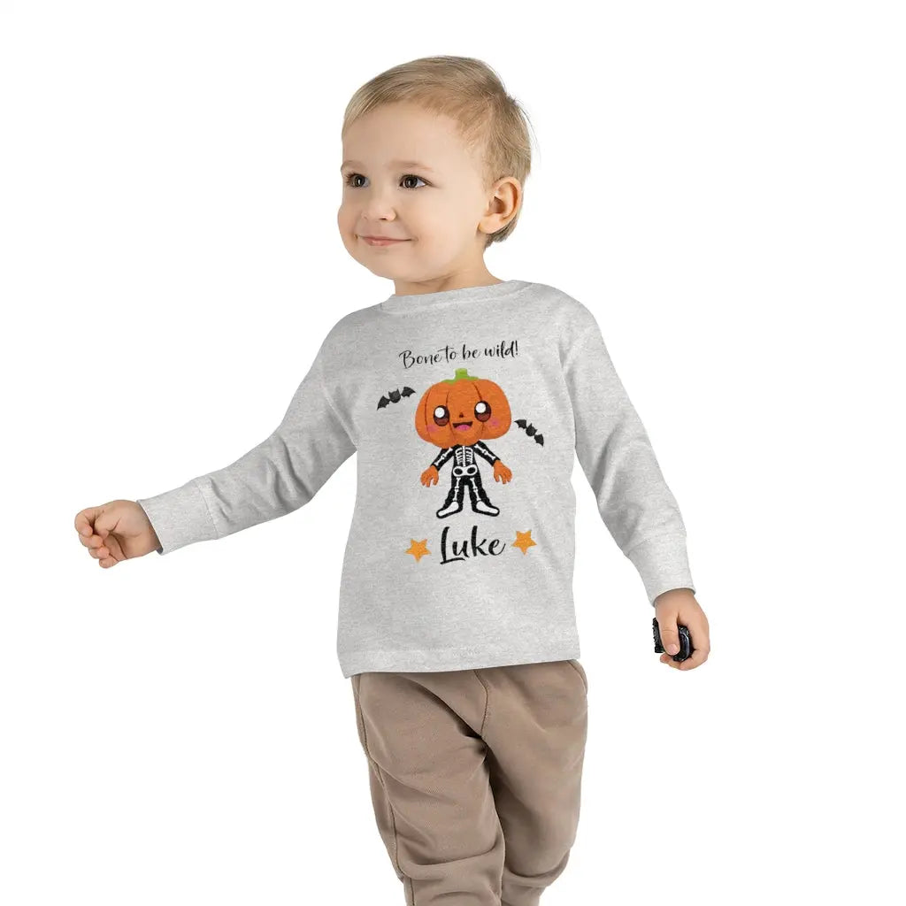 Halloween Bone to be Wild Pumpkin Skeleton Toddler Long Sleeve Tee Printify