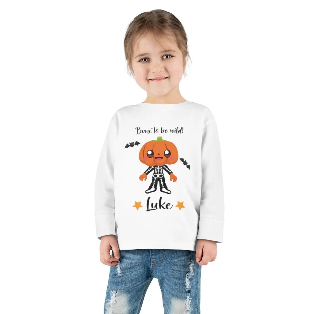 Halloween Bone to be Wild Pumpkin Skeleton Toddler Long Sleeve Tee Printify