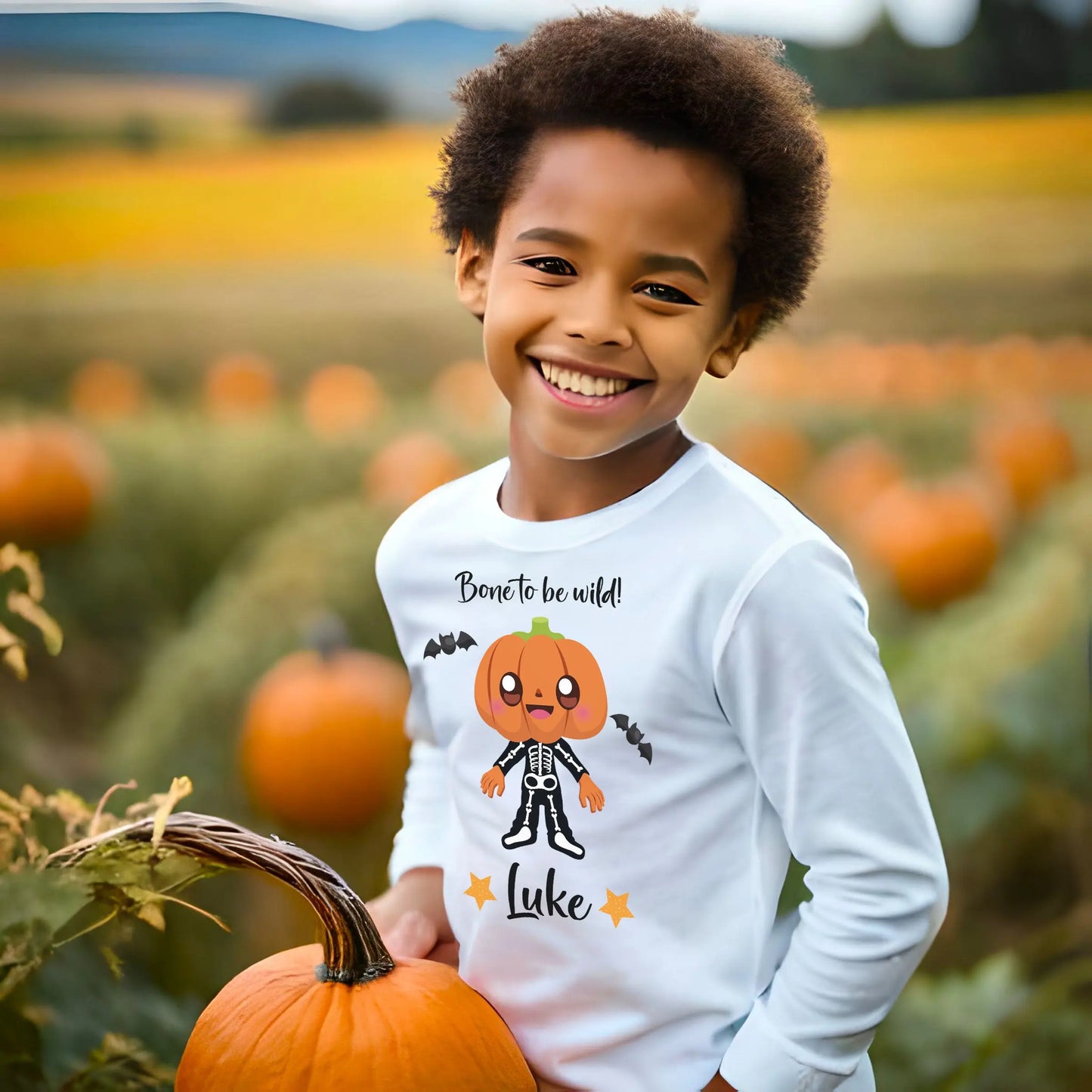 Halloween Bone to be Wild Pumpkin Skeleton Toddler Long Sleeve Tee Printify