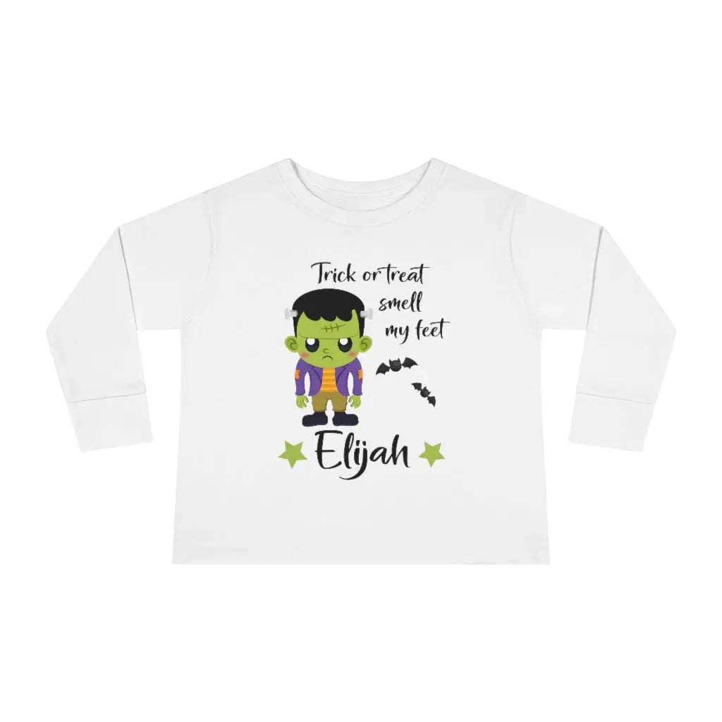 Halloween Frankenstein Personalized Toddler Long Sleeve Tee, Trick or Treat Shirt Printify
