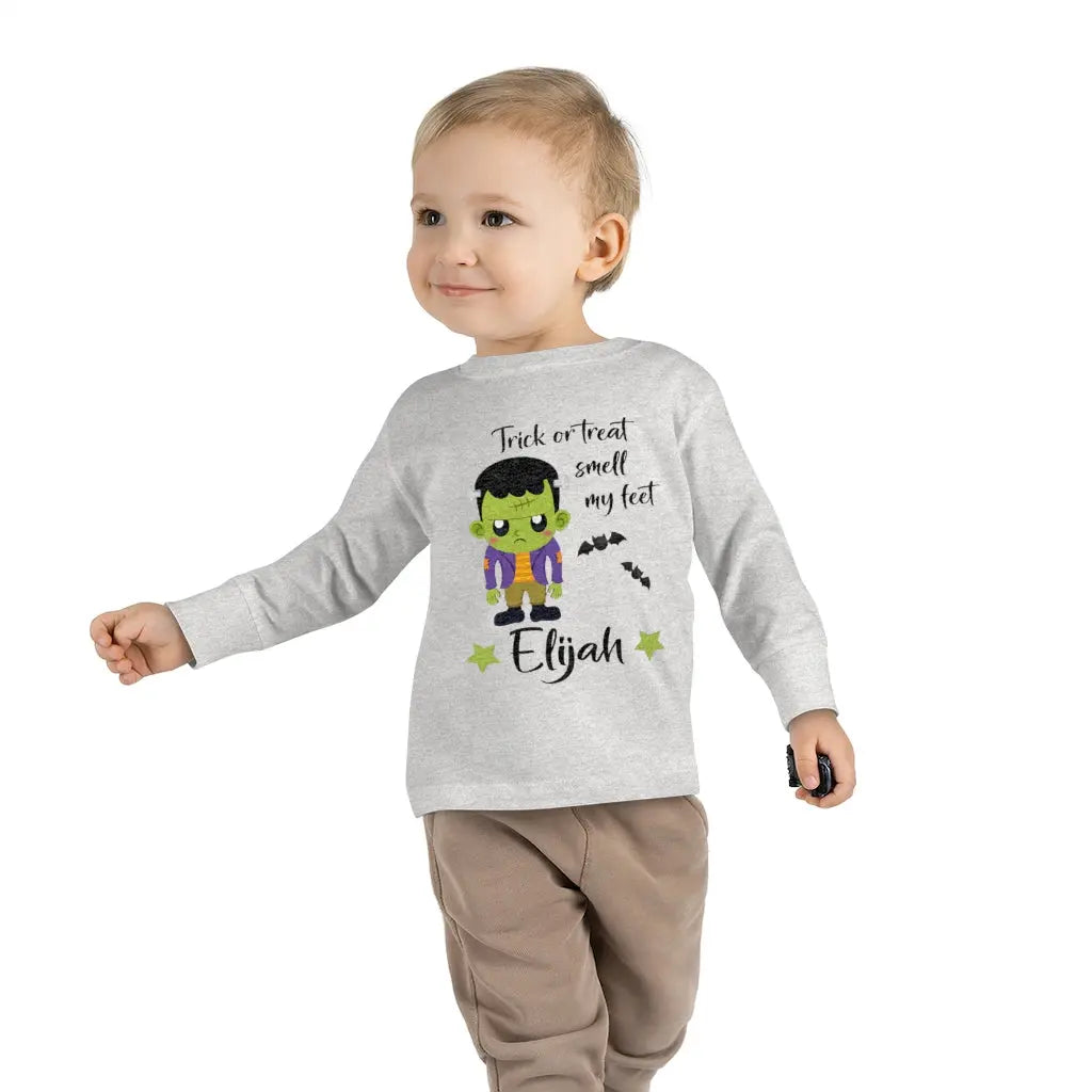 Halloween Frankenstein Personalized Toddler Long Sleeve Tee, Trick or Treat Shirt Printify