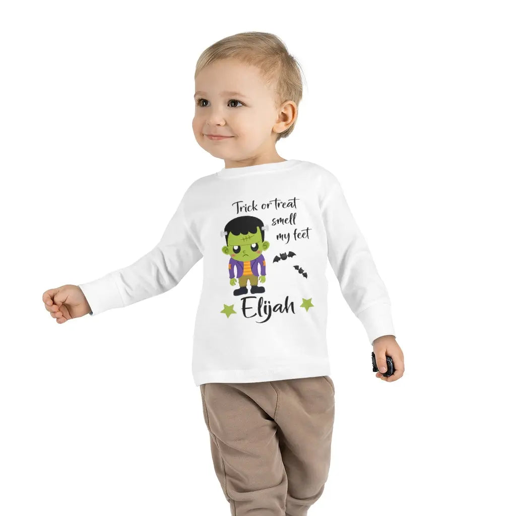 Halloween Frankenstein Personalized Toddler Long Sleeve Tee, Trick or Treat Shirt Printify