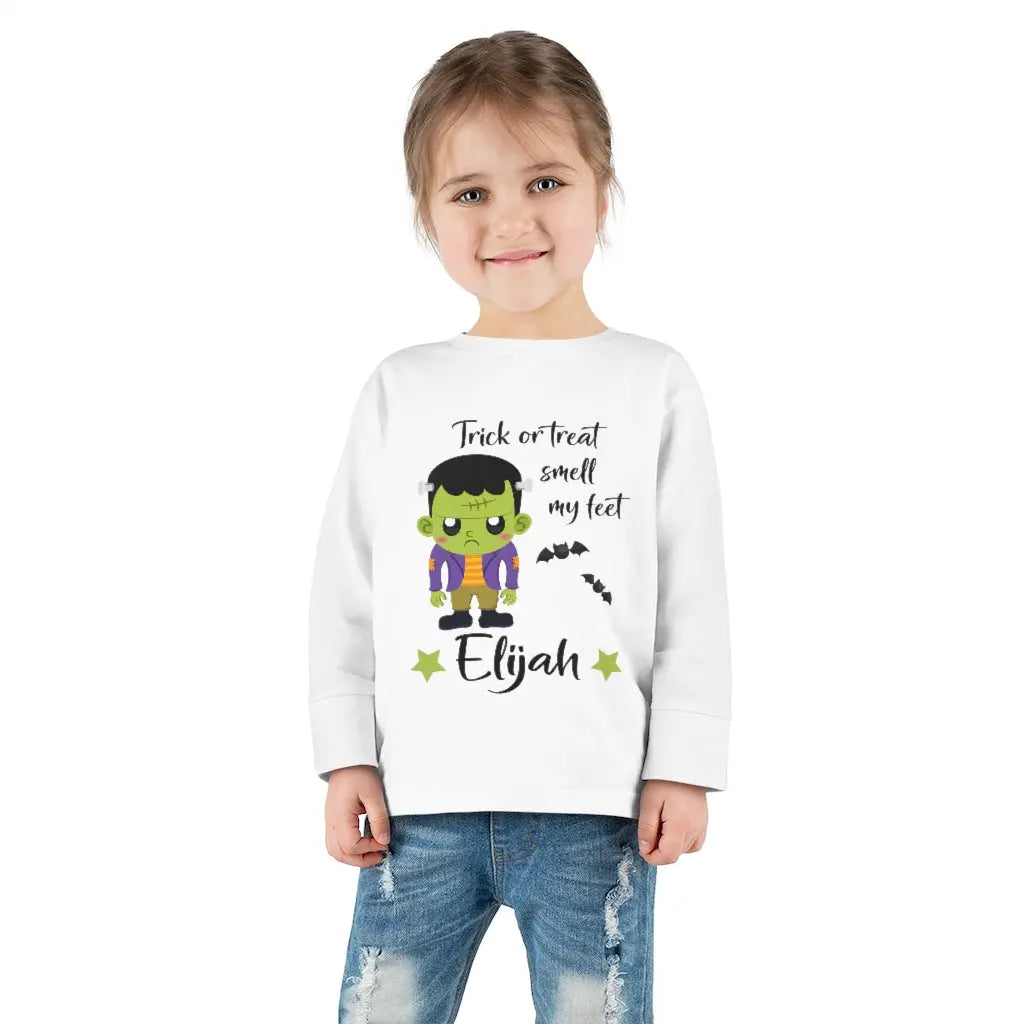 Halloween Frankenstein Personalized Toddler Long Sleeve Tee, Trick or Treat Shirt Printify