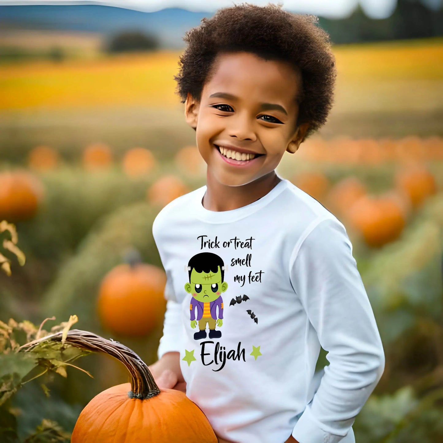 Halloween Frankenstein Personalized Toddler Long Sleeve Tee, Trick or Treat Shirt Printify