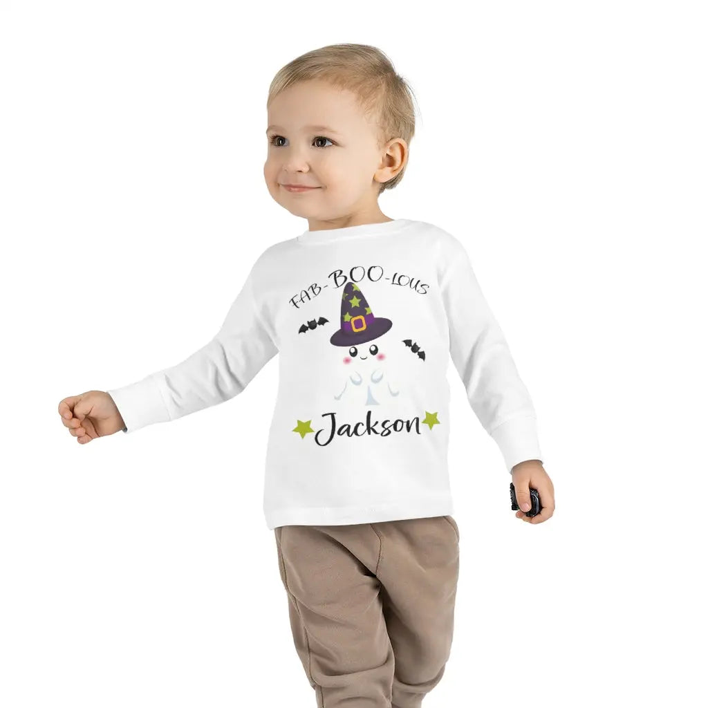 Halloween Ghost Personalized Toddler Long Sleeve Tee, Trick or Treat Shirt Printify