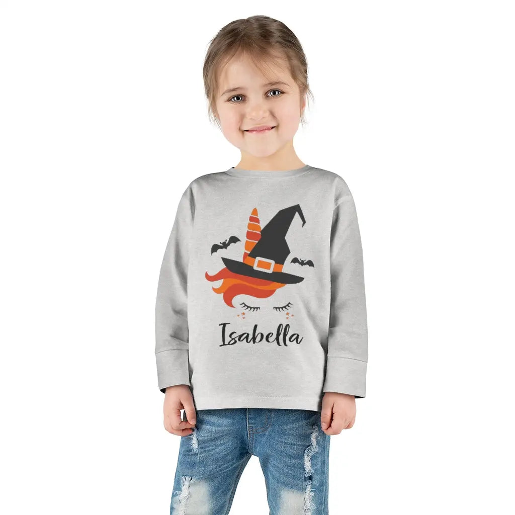 Halloween Unicorn Witch Personalized Toddler Long Sleeve Tee, Trick or Treat Shirt Printify